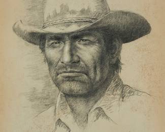 2194
Bill Hampton
(1925-1977)
"Cool-Hand Cowboy"
Pencil with touches of chalk on paper
Signed lower right: Bill Hampton; titled by repute
Sight: 19.25" H x 15.375" W
Estimate: $300 - $500