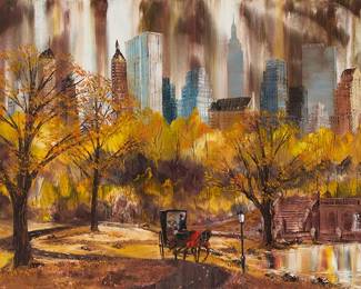 2146
Robert Lebron
(1928-2013)
Horse-drawn carriage near Bethesda Terrace and Fountain, Central Park, Manhattan
Oil on canvas
Signed lower right: Robert Lebron
24" H x 36" W
Estimate: $500 - $700