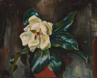 2151
Ejnar Hansen
(1884-1965)
Still life with a magnolia flower
Oil on canvas
Signed with conjoined in initials lower right: EHansen; signed again verso
20" H x 24" W
Estimate: $500 - $700