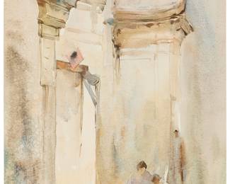 2229
Liu Fenglan
(b. 1944)
"Outside the Gate," 1990
Watercolor with touches of graphite on wove paper
Signed in Chinese characters and dated 1990.8, both in brown ink in the lower left corner; numbered 11 and inscribed in Chinese characters, and with a price sticker, all in blue ink on the sheet's verso, possibly in another hand; titled by repute
Image/Sheet: 20.625" H x 14.75" W
Estimate: $500 - $700