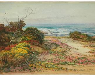 2063
Albert Thomas De Rome
(1885-1959)
"So. of Pacific Grove," 1933
Watercolor on paper laid to artist's board
Signed lower right: A. De Rome; titled, dated 1933, and inscribed "NR. Hittell's," all verso
8" H x 12" W
Estimate: $1,000 - $1,500