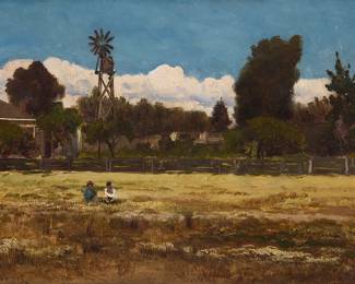 2090
Alfred C. Rodriguez
(1862-1890)
Figures in a field near a ranch, 1888
Oil on thin paperboard laid to Masonite
Signed with initials and dated lower left: ACR 6-17-88; inscribed "painted by Alfred Rodriguez / California arts," possibly in another hand, verso
10" H x 14" W
Estimate: $400 - $600