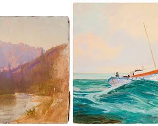 2068
Albert Thomas De Rome (1885-1959)
Two works:
Landscape with mountains and a river
Oil on canvas
Unsigned
15" H x 20" W
Boat riding the waves
Oil on canvasboard
Unsigned
18" H x 23.75" W
Estimate: $600 - $800