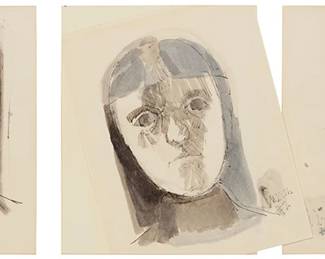 2394
José Luis Cuevas
(1934-2017)
"Three Renaissance Self-Portraits," 1961
Each: Ink and ink wash on paper
Each: Signed and sequentially numbered in one of the lower corners, from left to right as framed: Cuevas and "#3," and "#2," and "#1;" the lower left corner of "#3" also inscribed and dated: "Roma / 1961;" titled on two gallery labels affixed to the frame's backing board
Sheet of #2: 14" H x 11" W; Sight of #3 and #1: 13.375 x 10.75" W
Estimate: $300 - $500