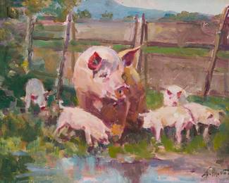 2183
Felice Hrovat
(20th Century)
Hog and piglets
Oil on canvasboard
Signed lower right: F. Hrovat
9" H x 12" W
Estimate: $400 - $600