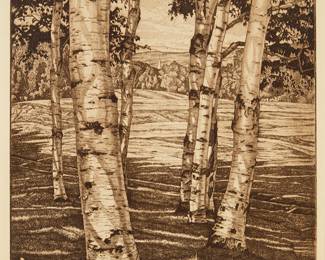 2266
Luigi Lucioni
(1900-1988)
"Birches and Beyond"
Etching in brown on cream wove paper
Edition: 235/250
Signed and numbered in pencil in the lower margin: Luigi Lucioni; titled on the original publisher's information sheet affixed to a spare backing board; Associated American Artists, New York, NY, pub.
Plate: 10.25" H x 8.25" W; Sheet: 15.75" H x 13" W
Estimate: $100 - $150