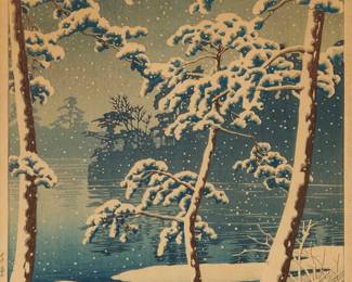 2208
Kawase Hasui
(1883-1957)
"Senzoku Pond," from the "Twenty Views of Tokyo" series, 1928
Woodcut in colors on paper
From the edition of unknown size and date
With the printed black ink "Hasui" signature and the red ink "Kawase" seal in the lower right corner of the image; various printed inscriptions with Japanese characters in the lower portion of the left and right margins; Watanabe Shozaburo, pub.
Image: 14.25" H x 9.5" W; Sight: 14.625" H x 10" W
Estimate: $500 - $700