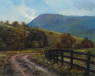 2119
Mark Whitlock
(20th Century)
Country road through the foothills of a distant mountain
Oil on canvas
Signed lower right: Mark Whitlock
18" H x 24" W
Estimate: $200 - $300