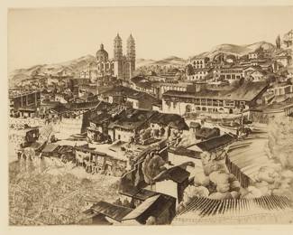 2267
John Taylor Arms
(1887-1953)
"Light and Shade, Taxco," from the "Mexican Series No. 2," 1946
Etching on wove paper
From the edition of unknown size
Signed, dated, and numbered with Roman numerals, all in pencil and in the lower margin: John Taylor Arms / 1946 / II
Plate: 10.375" H x 13.625" W; Sight: 11.25" H x 14.25" W
Estimate: $300 - $500