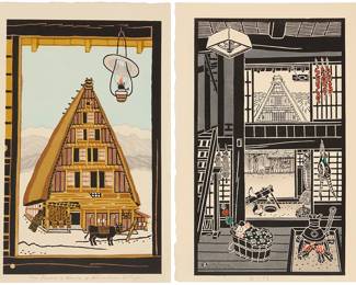 2211
Taizo Minagawa (1917-2005)
Two works:
"The Farmer's House in Shirakawa Village," circa 1950s
Woodcut in colors on paper
Edition: 61/300
Unsigned; signed by the publisher Mikumo, numbered, and inscribed "L.P.," all in pencil and in the lower left image corner; titled in pencil, possibly in another hand, in the lower margin
Image: 15.125" H x 9.125" W; Sheet: 16.75" H x 10.5" W
"Kyoto Living Room," 1967
Woodcut in colors on paper
From the edition of unknown size
Unsigned; signed by the publisher Mikumo, dated 1967, and inscribed "Limited Edition No.," all in pencil and in the lower left image corner; inscribed in Japanese in pencil at the center of the lower margin
Image: 15.375" H x 9.125" W; Sheet: 16.625" H x 11.25" W
Estimate: $200 - $300