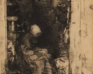 2270
James McNeill Whistler
(1834-1903)
"La Vieille aux Loques," 1858
Etching and drypoint in black ink on tissue-thin laid Japanese paper
One of approximately 113 known impressions in the fourth (final) state, with the Delâtre address line near the center of the lower plate edge from the previous state still partially visible
Signed in the plate lower right: Whistler
Plate: 8.125" H x 5.75" W; Sheet: 9" H x 6" W
Estimate: $200 - $300