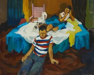 2363
Harriette Anton Frances
(b. 1925)
"The Children," 1963
Oil on canvas
Signed lower right: H. Frances; signed two additional times in the same manner on the verso of the canvas; faintly signed, titled, and priced at $375 by the artist on the verso of the canvas: Harriette Frances; signed yet again, titled, and with the artist's addresses in Stockton and San Rafael on the central stretcher bar; additionally, the work is inscribed in red ink at the upper right corner of the stretcher: "#110"
40.5" H x 49.5 " W
Estimate: $1,000 - $2,000