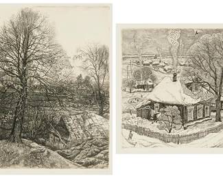 2264
Stanislav Nikireyev (1932-2007)
Two works:
Autumn leaves, 1977
Etching on wove paper, watermark unidentified
Edition: 7/10
Signed and presumably titled in Cyrillic, also dated and numbered, all in pencil in the lower margin; inscribed again in Cyrillic and dated, all in pencil, verso
Plate: 10.75" H x 10" W; Sheet: 16.875" H x 15.25" W
Town scene in winter, 1972
Etching on wove paper
Edition: 8/10
Signed and presumably titled in Cyrillic, also dated and numbered, all in pencil in the lower margin; inscribed again in Cyrillic and dated, all in pencil, verso
Plate: 8.5" H x 9.75" W; Sheet: 16.25" H x 16.75" W
Estimate: $200 - $300