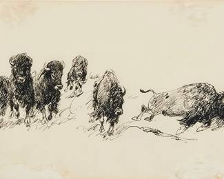 2193
Edward Borein
(1872-1945)
Charging bisons
Ink on thin tissue-like paper
Unsigned
Sight: 7.75" H x 12.25" W
Estimate: $400 - $600