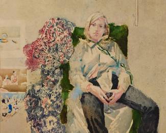 2323
Jerald Silva
(b. 1936)
Seated figure, 1972
Watercolor, acrylic, and traces of graphite on paper
Signed and dated near the center of the upper edge: Silva
Sight: 42" H x 47.5" W
Estimate: $400 - $600