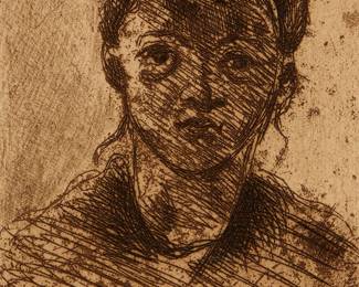 2280
Paul Cezanne
(1839-1906)
"Tête de Jeune Fille," 1873
Etching in brown ink on paper
Presumably from the edition of 1,000 published in 1914 by Ambroise Vollard as the frontispiece for his monograph, "Cezanne"
Appears unsigned
Image: 4.75" H x 3.75" W; Plate: 5.25" H x 4.25" W; Sight: 7.5" H x 6.625" W
Estimate: $500 - $700