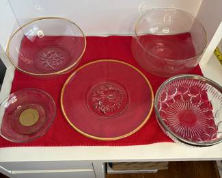 Jeannette Glass Bowl & Platter, French Cut Glass Bowl w/Silver-Plate Rim