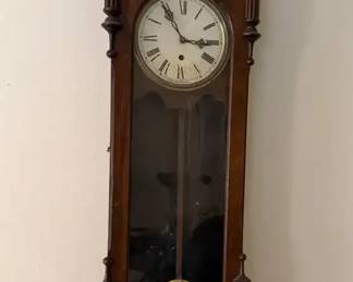 006 Antique Waterbury Galesburg EightDay Wall Regulator Clock, Wood Case Brass Pendulum