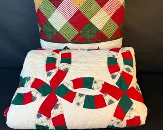 Two Christmas Quilts HandQuilted Double Wedding Ring MachineQuilted Tree Patchwork