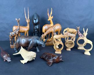 HandCarved Wooden Animal Figurines Napkin Rings Tribal Style Bust