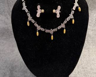 Sterling Silver Antique Necklace, Bracelet Earrings w Cats Eye Stone 80.67grams