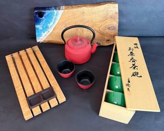 VintageStyle Tea Serving Assortment Cast Iron Teapot, Cups, Japanese Tea Bowls Resin Board