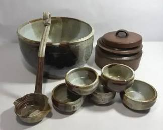Studio Pottery Stoneware Serving Set Large Bowl, Lidded Crock, Ladle 5 Cups