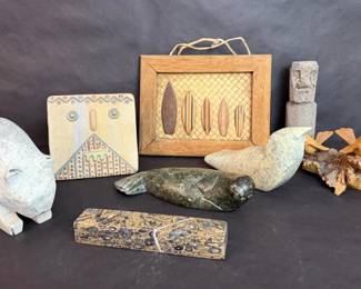 Mixed Decor Group Stone Animal Carvings, Wood Bird Sculpture Surfboard Wall Art