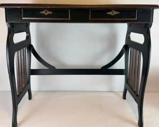 Vintage Black Console Table w 2 Drawers, Stenciled Top Key
