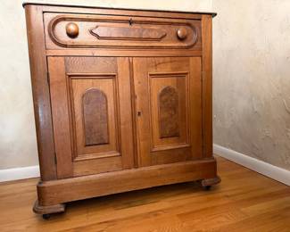 Vintage Wood Cabinet w Marble Top, Drawer Double Doors on Casters