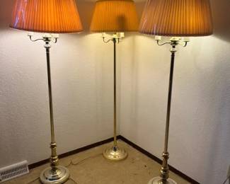 Set of 3 Brass Floor Lamps w Pleated Shades 60 Tall, MultiBulb Cluster Design
