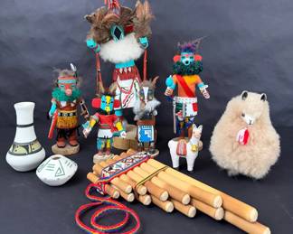 Southwestern Folk Art Decor Group KachinaStyle Figures, Pan Flute Llamas