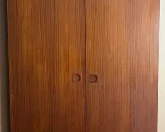 MidCentury Style Teak Wardrobe Armoire w Shelves And MultiDrawer Interior