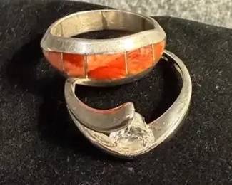 Sterling Ring Pair Spiny Oyster Inlay Band CZ Modern Bypass Statement Ring