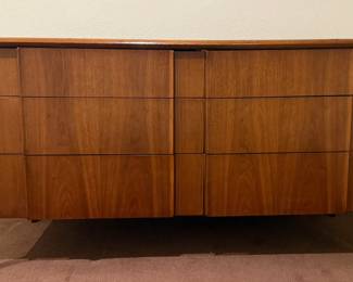 MidCentury Modern Walnut Dresser Credenza w Sculpted Frame Geometric Drawer Fronts