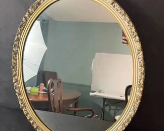 Vintage Ornate Round Wall Mirror 28 Gold Ivory Frame with Raised Floral