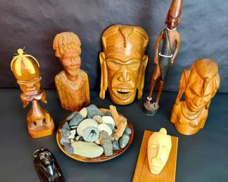 HandCarved Tribal Style Wood Decor Group incl Masks, Figures Wood Bowl