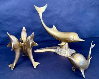 Vintage Solid Brass Dolphin Figurines 3 Dolphin on Wave Base Made in India