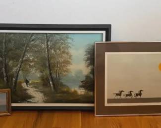 Three Framed Art Pieces Landscape Paining, Sunset Horses Print Numbered, Mini Sailboat Painting