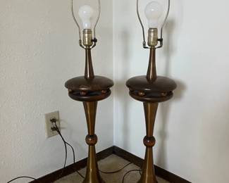 Pair of MidCentury Modern Table Lamps 35 Sculptural Wood Brass Cone Base Set