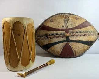 African Cowhide Shield w Cowrie Shell Decoration Wood Drum Beater