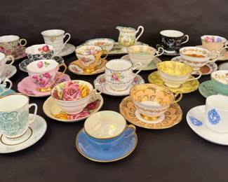 Assorted Vintage Bone China Teacups Saucers Serving Tray Set Aynsley, Royal Albert