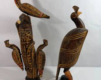 HandCarved Painted Wooden Bird Sculptures 2 Folk Art Style, 1964 Africa