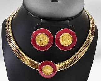 Vintage Signed Monet Greek Coin Necklace & Earring