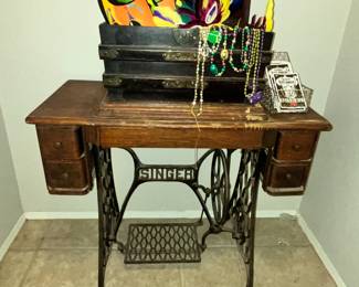 GREAT SINGER TREADLE SEWING MACHINE & ANTIQUE CHILD'S TRUNK