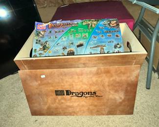 WOODEN BOX FULL OF "MEGA BLOKS DRAGONS KRYSTAL WARS" TOYS