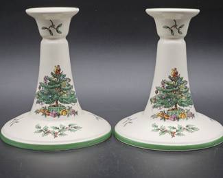 Pair of Spode Christmas Tree Single Candlesticks