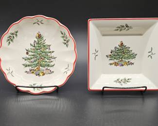 (2) Spode Christmas Tree Red Rim Serving Pieces