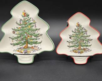 (2) Spode Christmas Tree Green & Red Rim Trays
