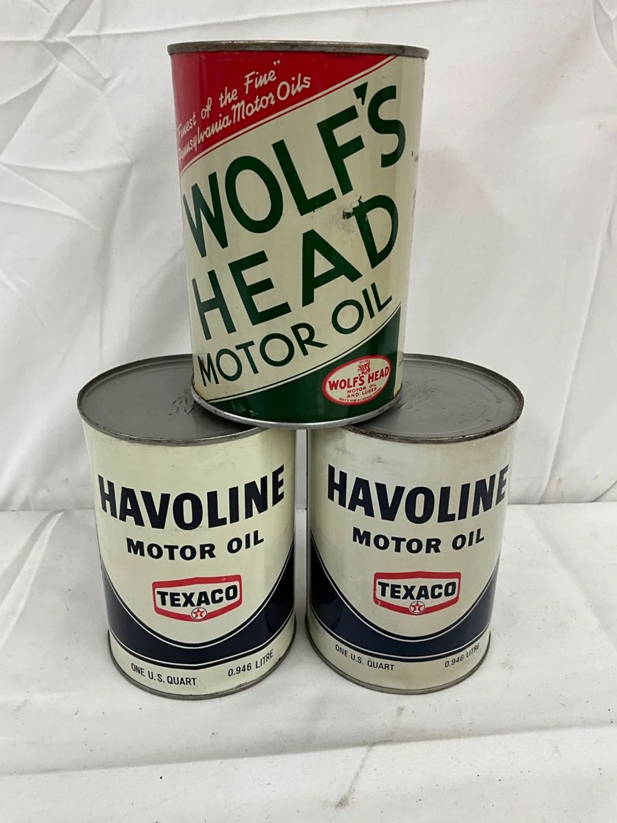 3-NOS Metal Quart Cans: Wolf’s Head and Havoline Motor Oils